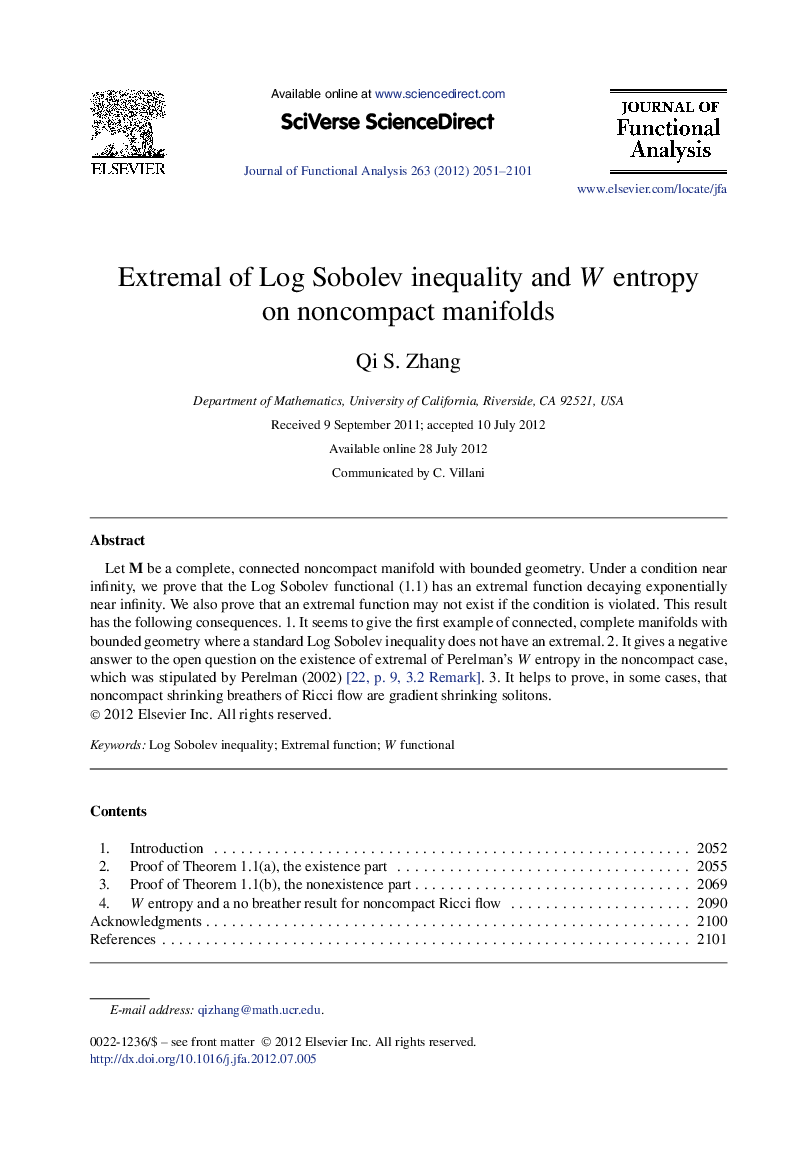 Extremal of Log Sobolev inequality and W entropy on noncompact manifolds