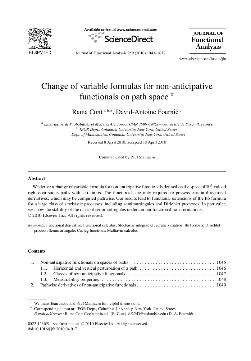 Change of variable formulas for non-anticipative functionals on path space 