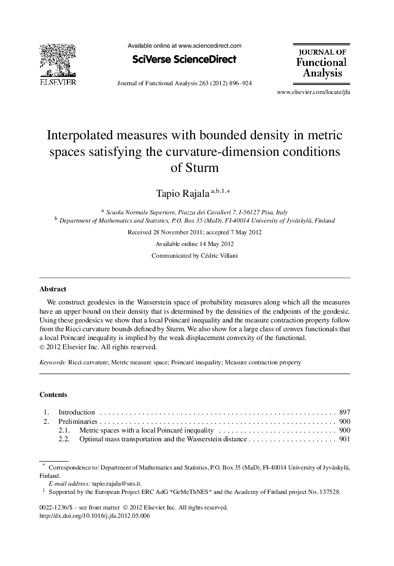 Interpolated measures with bounded density in metric spaces satisfying the curvature-dimension conditions of Sturm