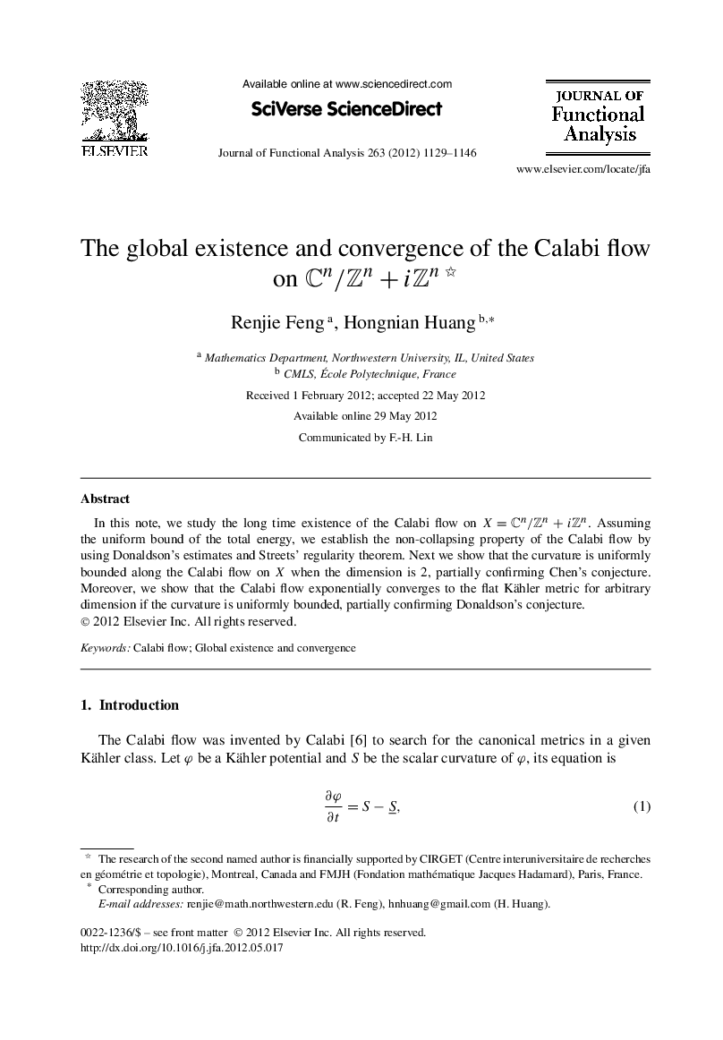 The global existence and convergence of the Calabi flow on Cn/Zn+iZn 