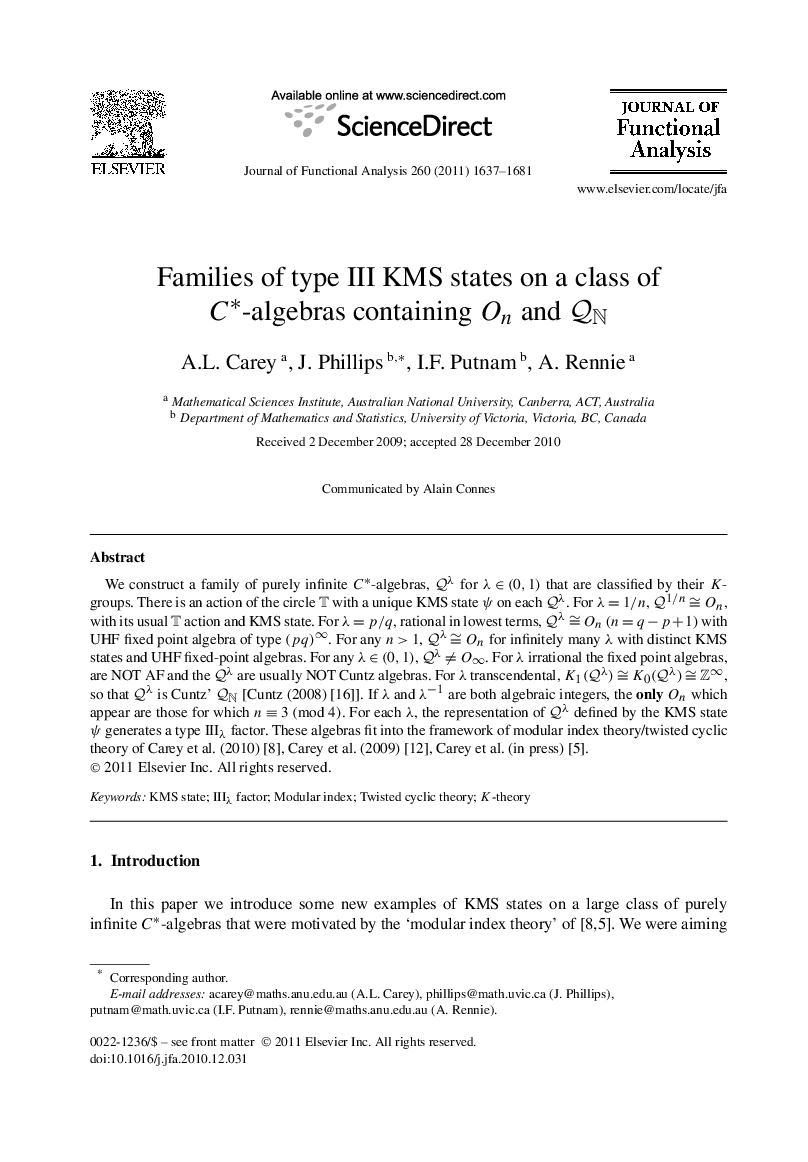 Families of type III KMS states on a class of C⁎-algebras containing On and QN