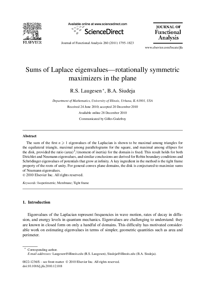 Sums of Laplace eigenvalues—rotationally symmetric maximizers in the plane