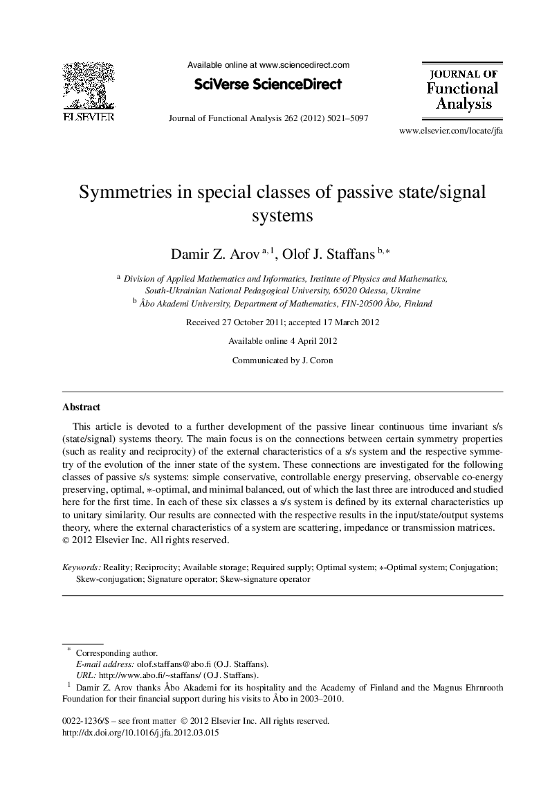 Symmetries in special classes of passive state/signal systems