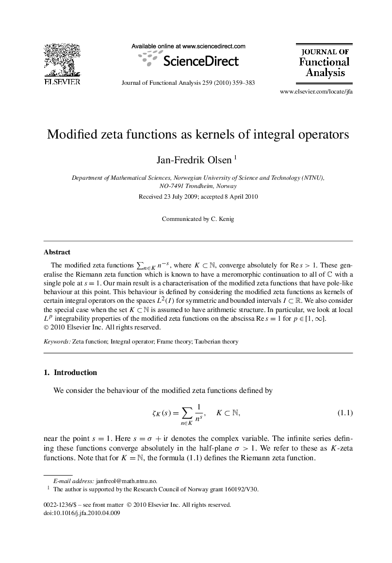 Modified zeta functions as kernels of integral operators