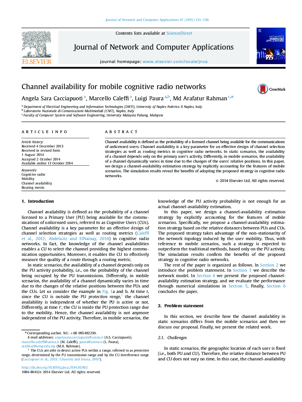 Channel availability for mobile cognitive radio networks