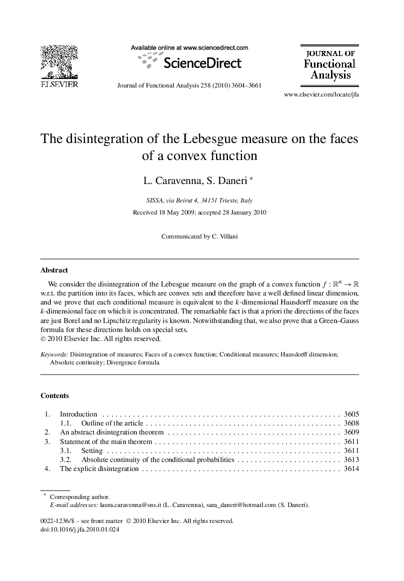 The disintegration of the Lebesgue measure on the faces of a convex function