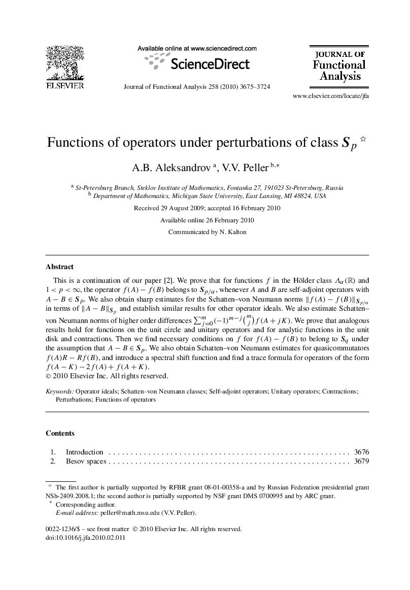 Functions of operators under perturbations of class Sp