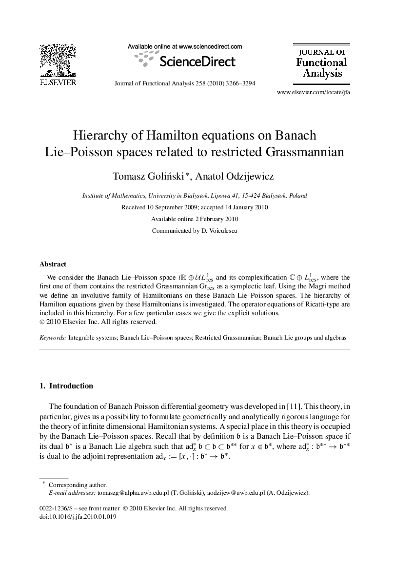 Hierarchy of Hamilton equations on Banach Lie–Poisson spaces related to restricted Grassmannian