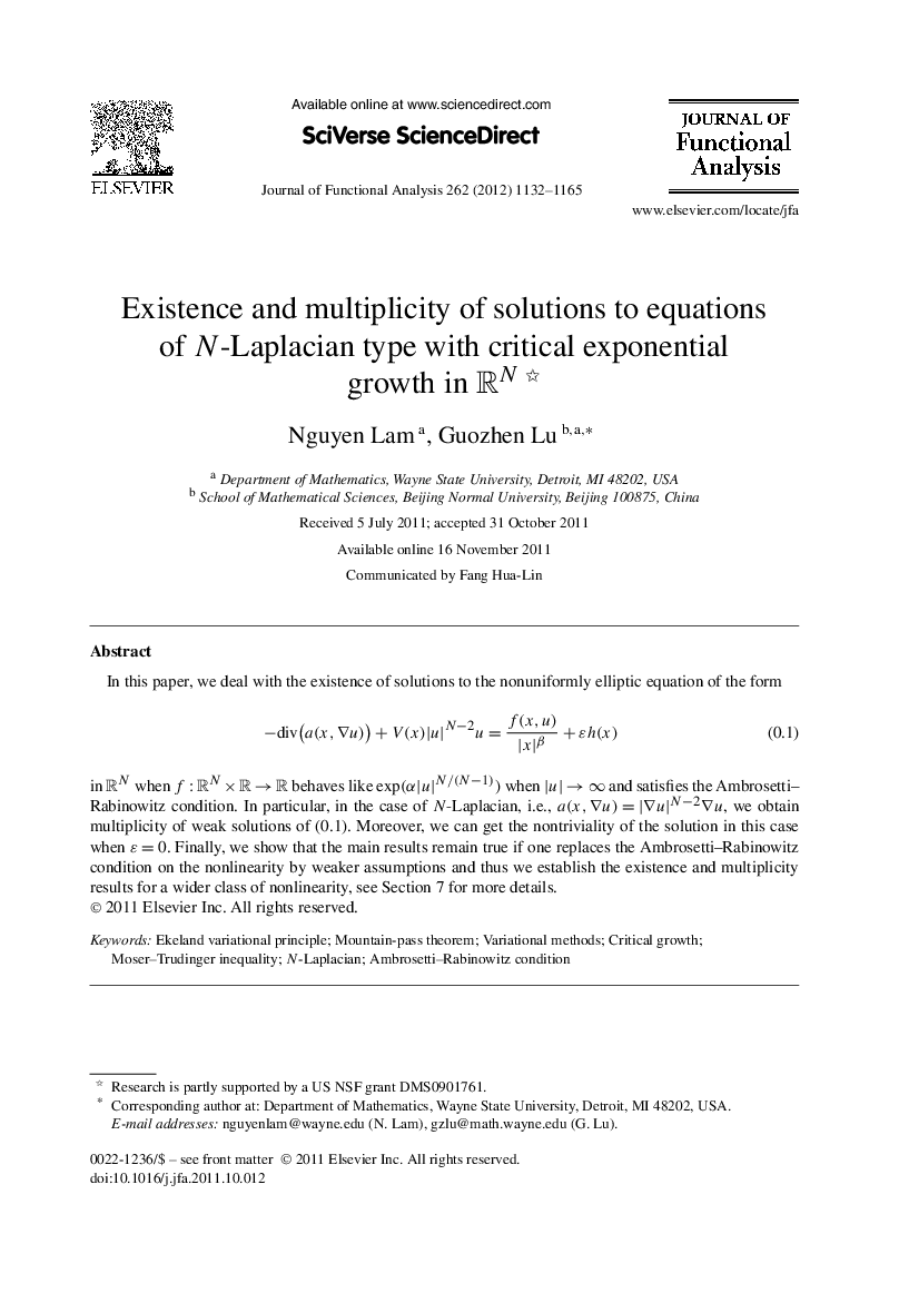 Existence and multiplicity of solutions to equations of N  -Laplacian type with critical exponential growth in RNRN 