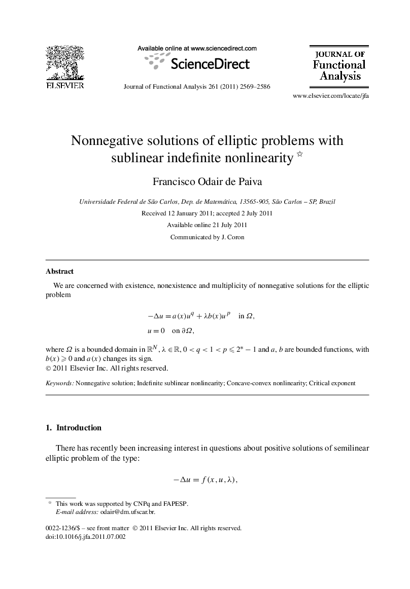 Nonnegative solutions of elliptic problems with sublinear indefinite nonlinearity 