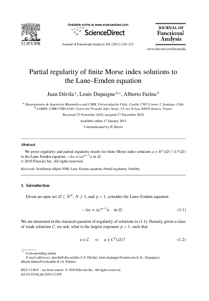 Partial regularity of finite Morse index solutions to the Lane–Emden equation