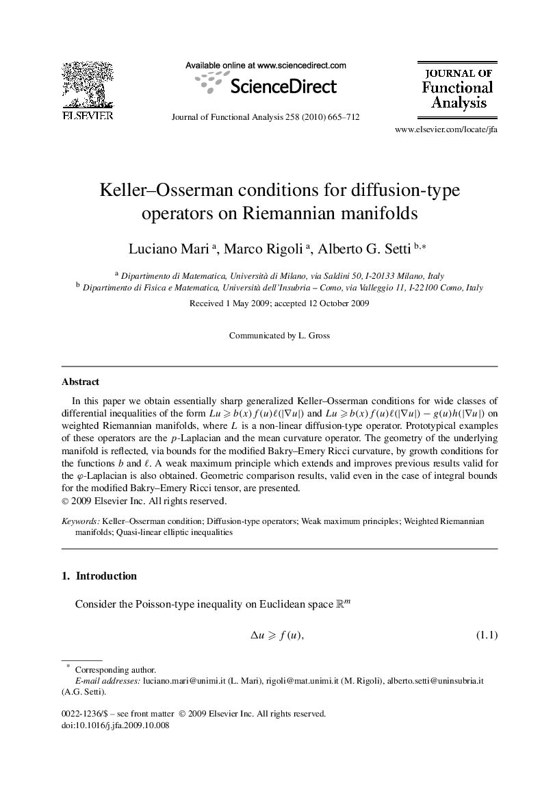 Keller–Osserman conditions for diffusion-type operators on Riemannian manifolds