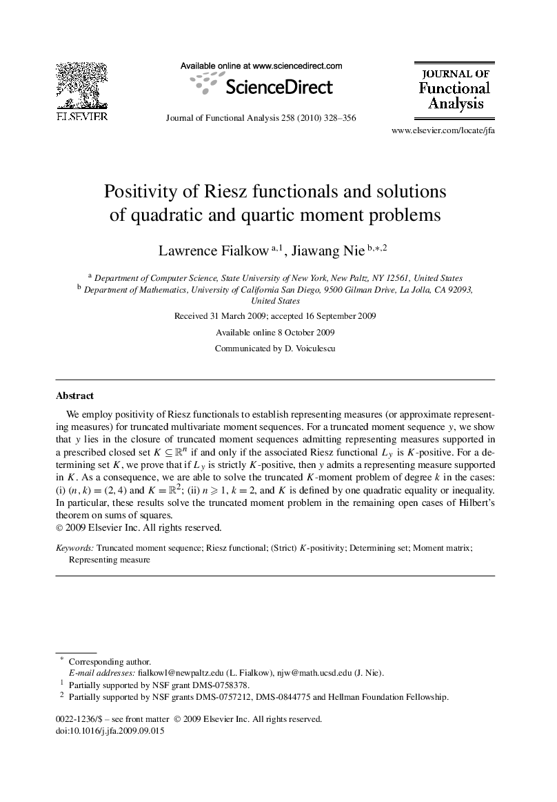 Positivity of Riesz functionals and solutions of quadratic and quartic moment problems