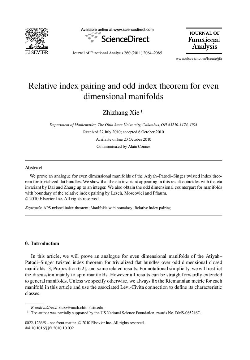 Relative index pairing and odd index theorem for even dimensional manifolds