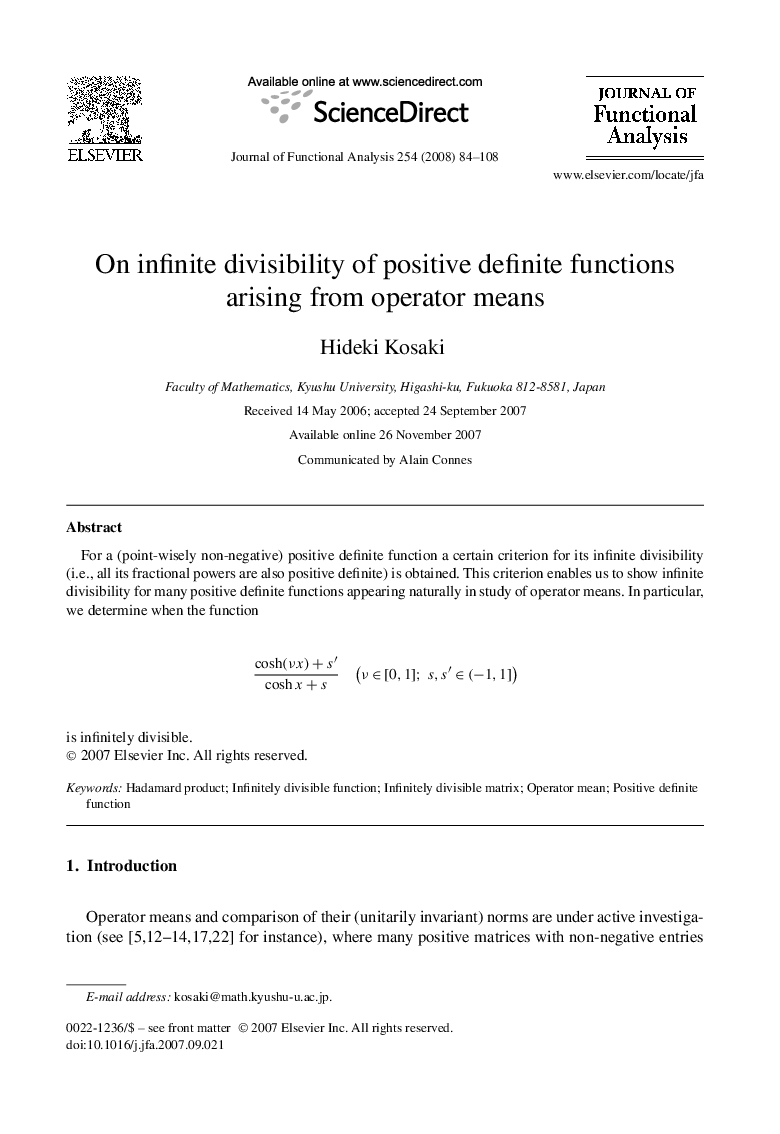 On infinite divisibility of positive definite functions arising from operator means