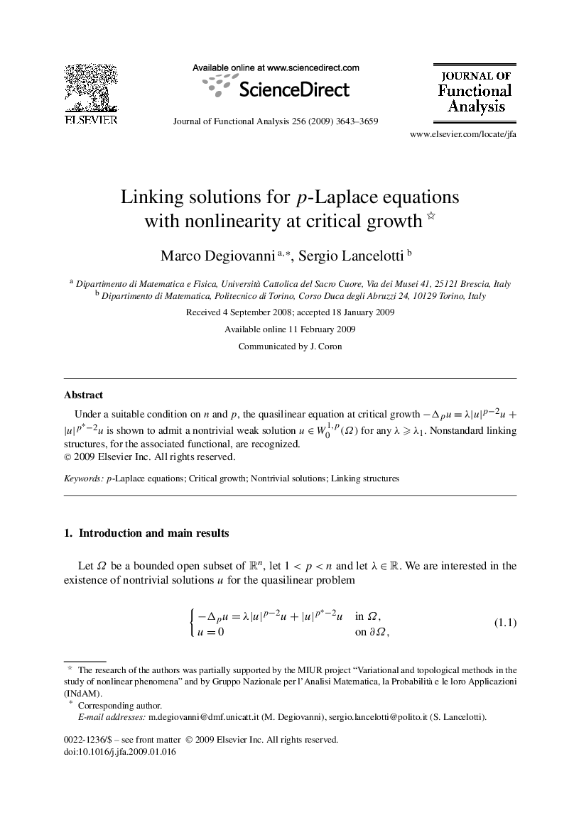 Linking solutions for p-Laplace equations with nonlinearity at critical growth 