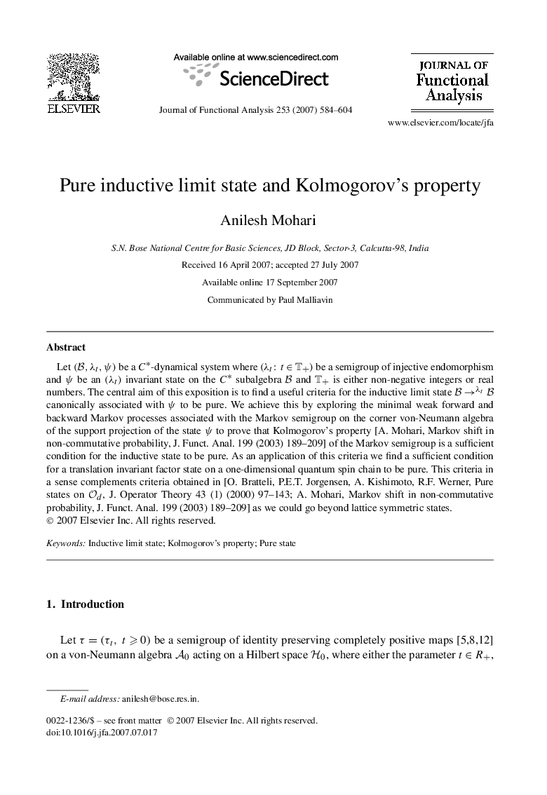 Pure inductive limit state and Kolmogorov's property