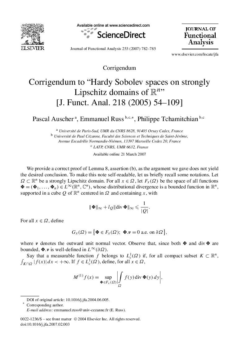 Corrigendum to “Hardy Sobolev spaces on strongly Lipschitz domains of Rn” [J. Funct. Anal. 218 (2005) 54-109]