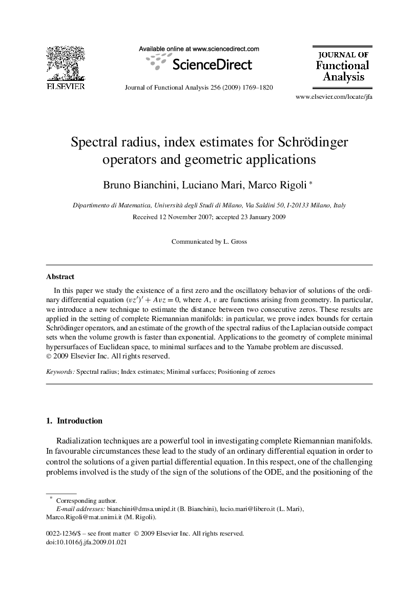 Spectral radius, index estimates for Schrödinger operators and geometric applications