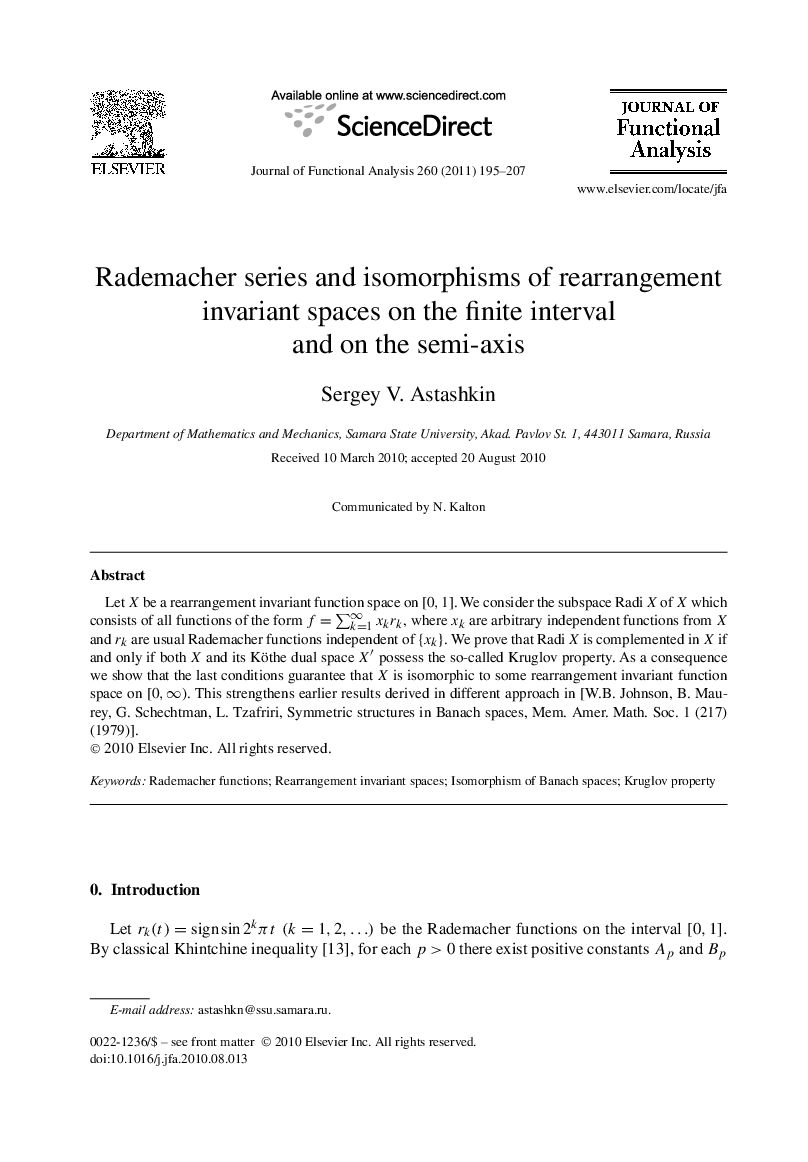 Rademacher series and isomorphisms of rearrangement invariant spaces on the finite interval and on the semi-axis