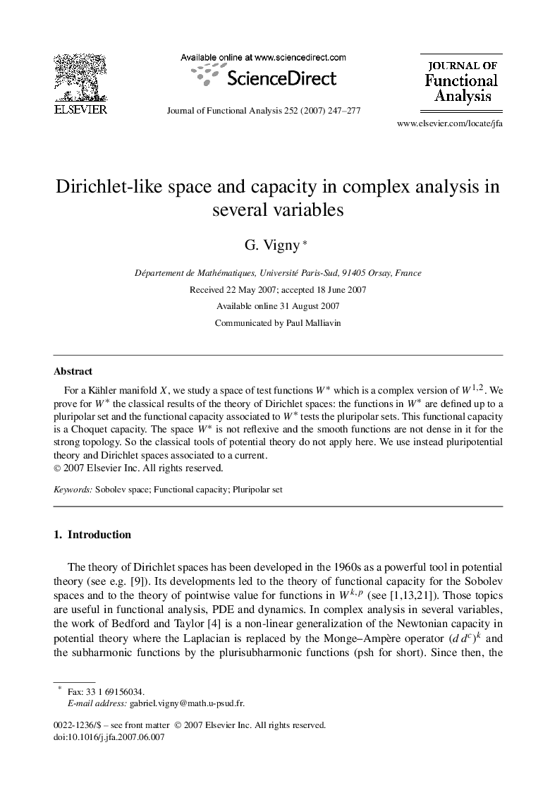 Dirichlet-like space and capacity in complex analysis in several variables