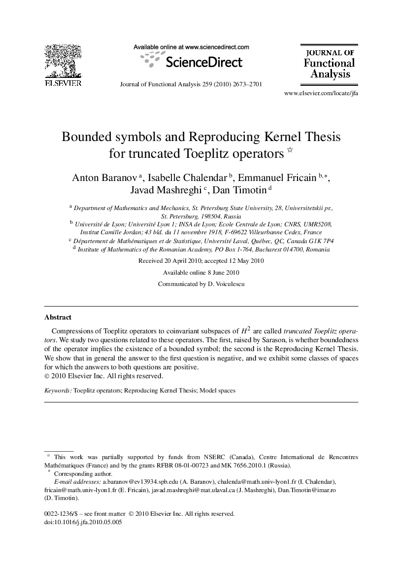 Bounded symbols and Reproducing Kernel Thesis for truncated Toeplitz operators 