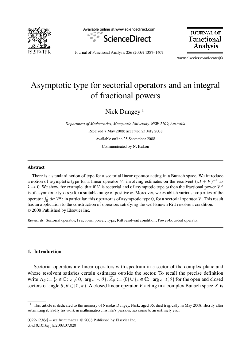 Asymptotic type for sectorial operators and an integral of fractional powers