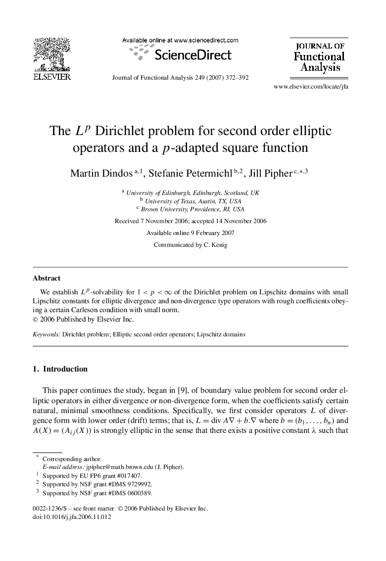 The Lp Dirichlet problem for second order elliptic operators and a p-adapted square function