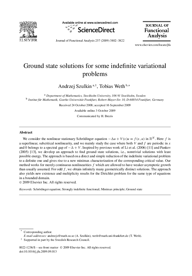 Ground state solutions for some indefinite variational problems