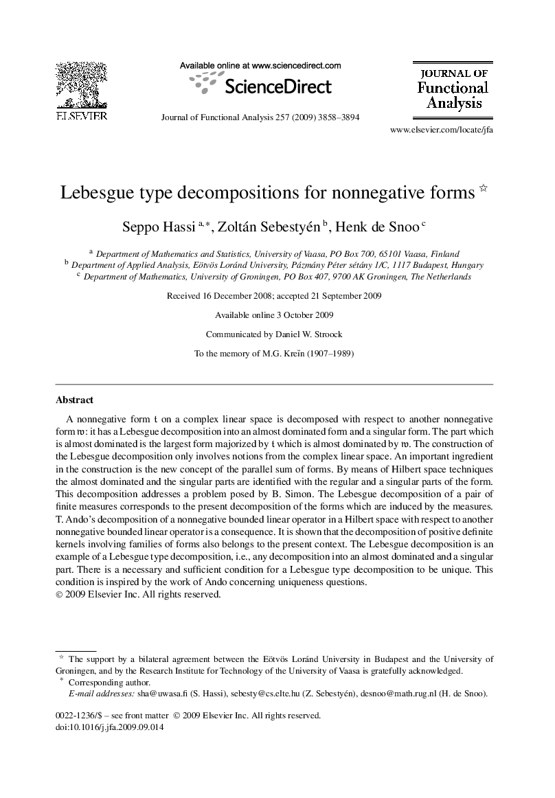 Lebesgue type decompositions for nonnegative forms 