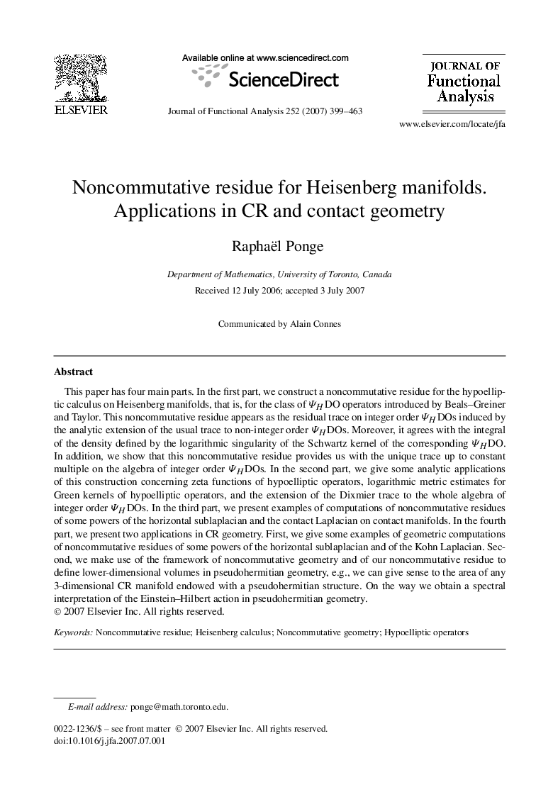 Noncommutative residue for Heisenberg manifolds. Applications in CR and contact geometry