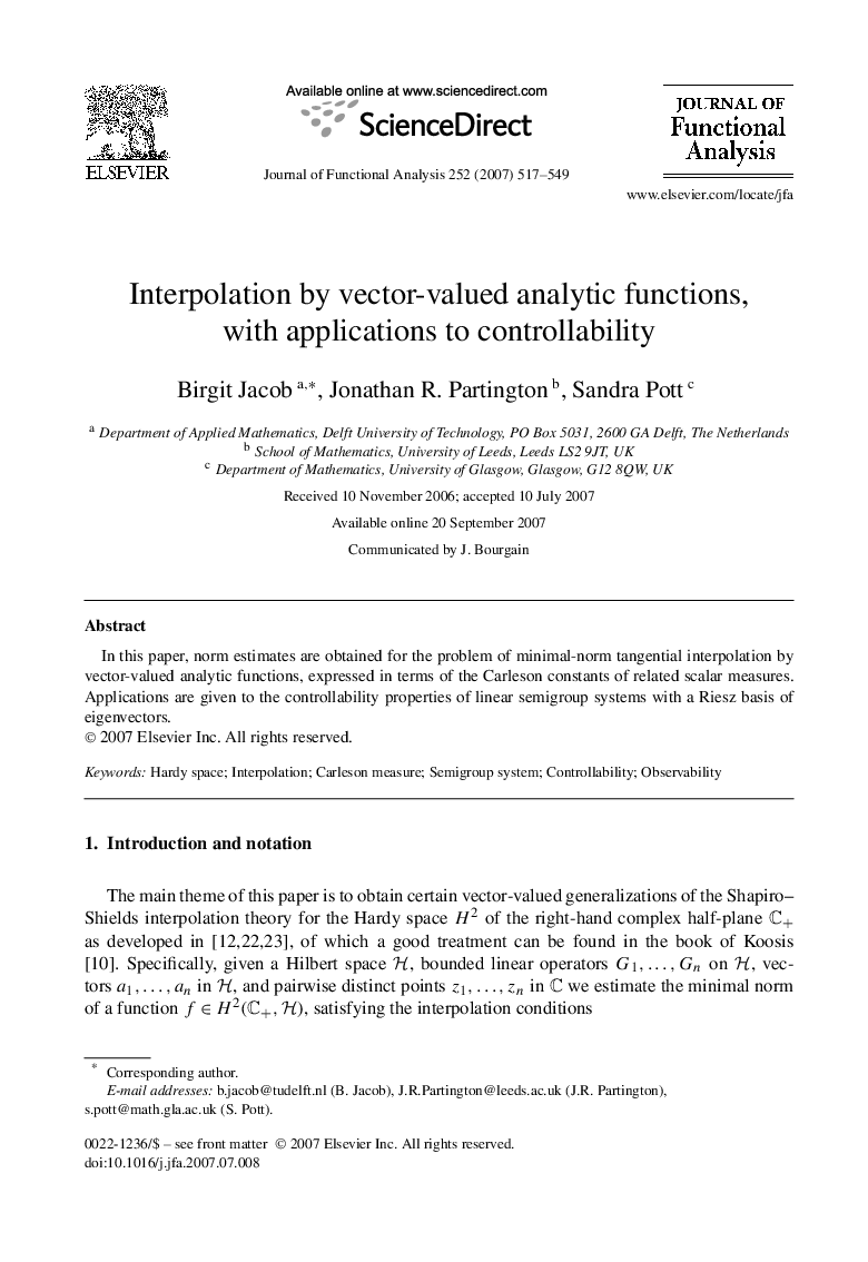 Interpolation by vector-valued analytic functions, with applications to controllability