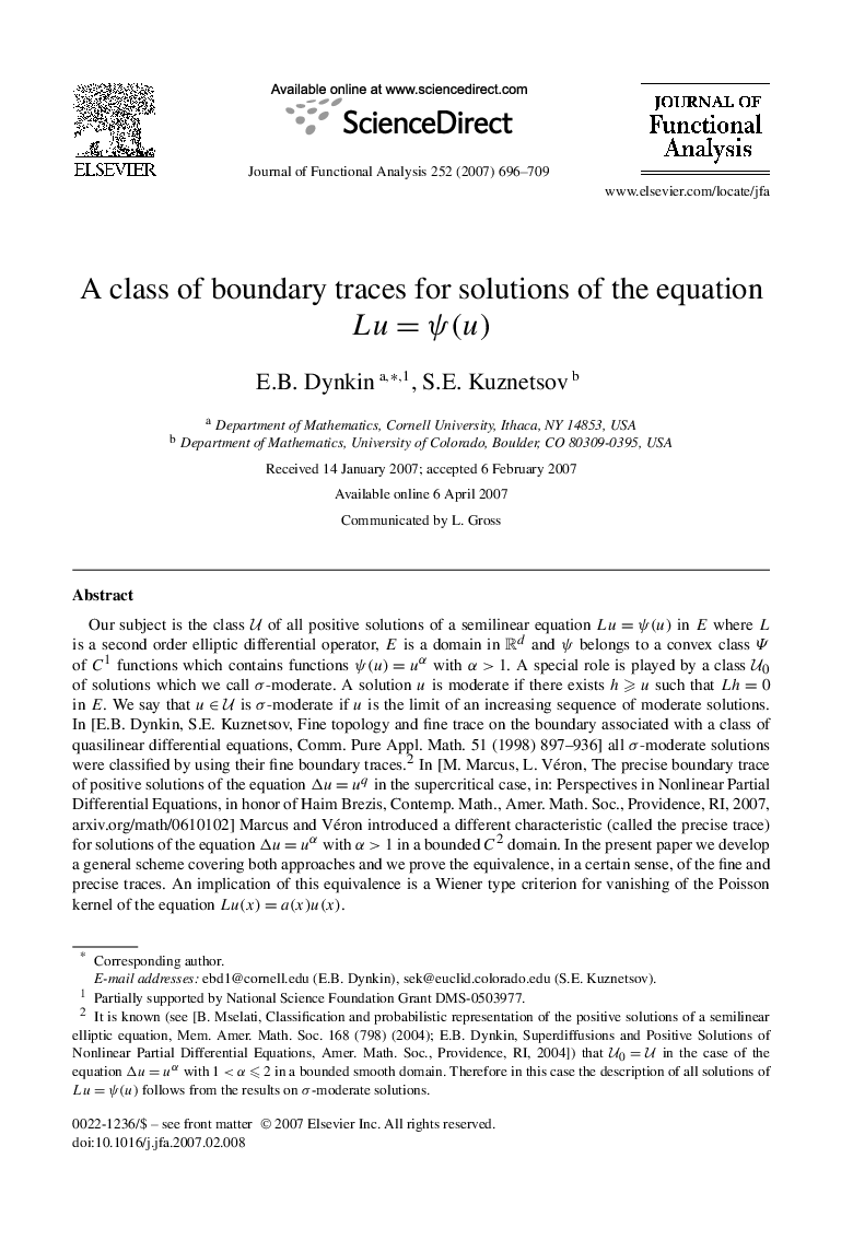 A class of boundary traces for solutions of the equation Lu=ψ(u)