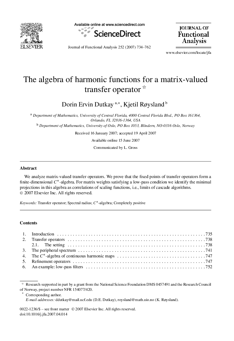 The algebra of harmonic functions for a matrix-valued transfer operator 