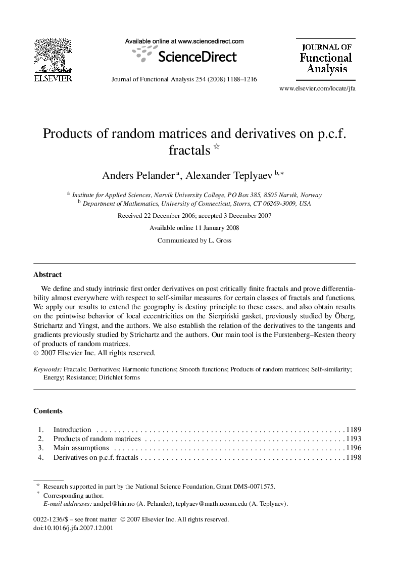 Products of random matrices and derivatives on p.c.f. fractals 