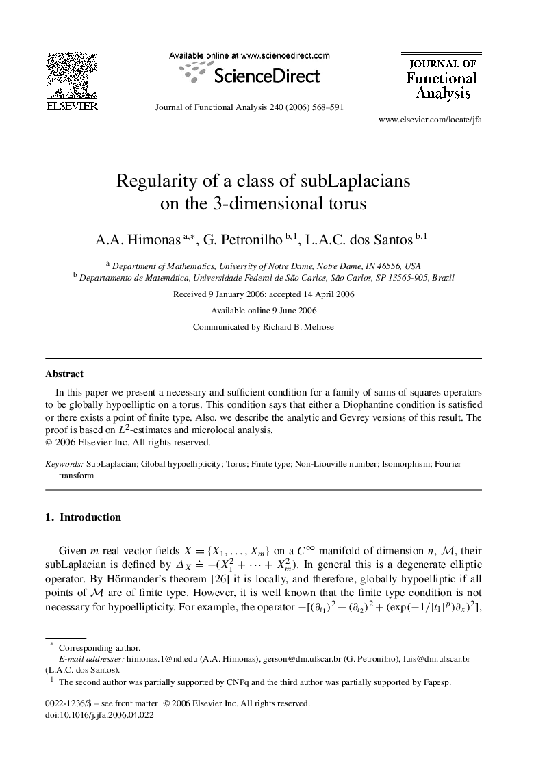 Regularity of a class of subLaplacians on the 3-dimensional torus