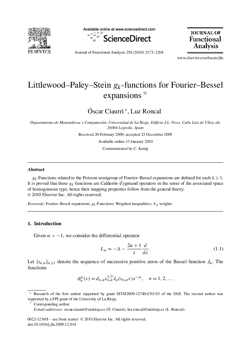 Littlewood–Paley–Stein gk-functions for Fourier–Bessel expansions 