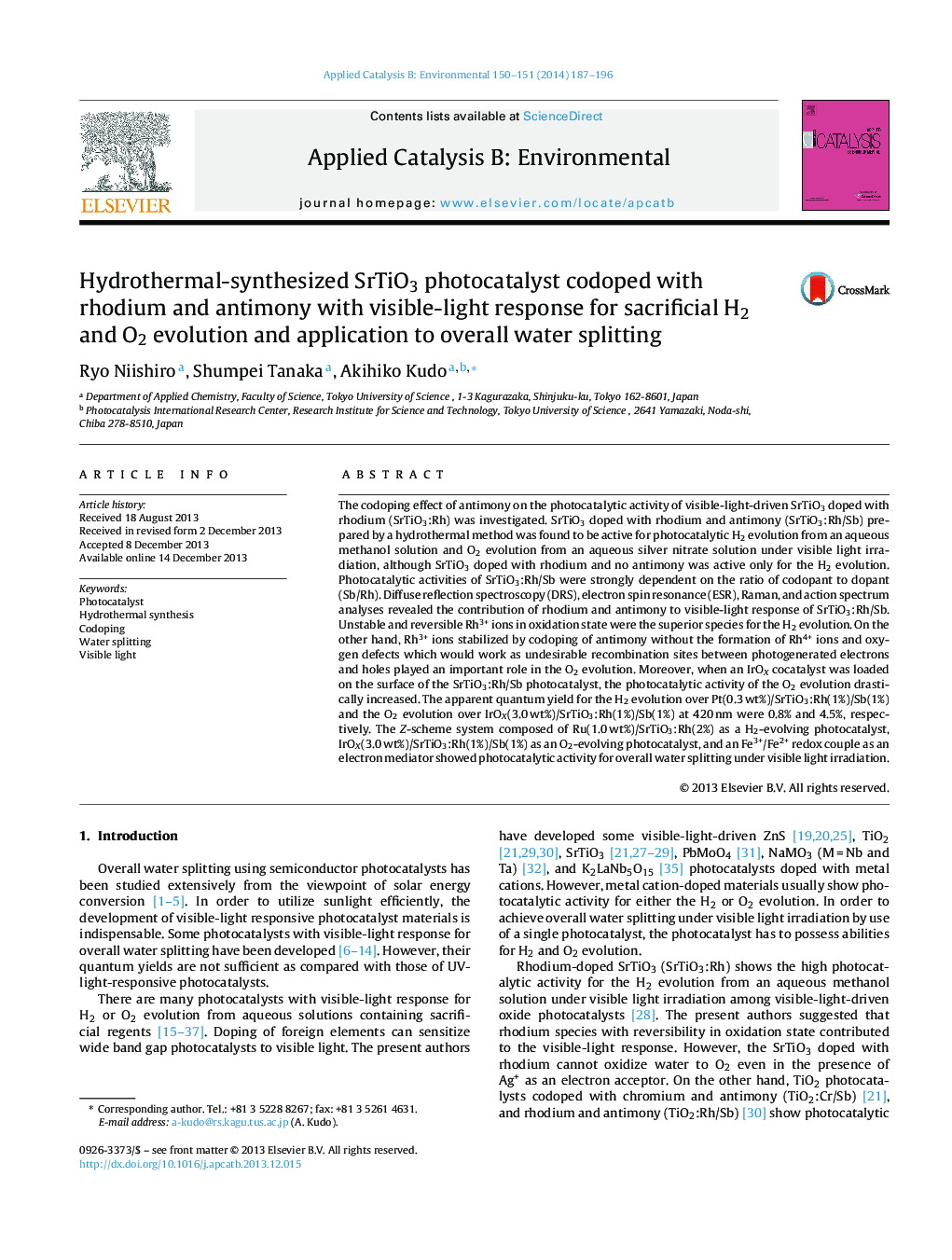 Hydrothermal-synthesized SrTiO3 photocatalyst codoped with rhodium and antimony with visible-light response for sacrificial H2 and O2 evolution and application to overall water splitting