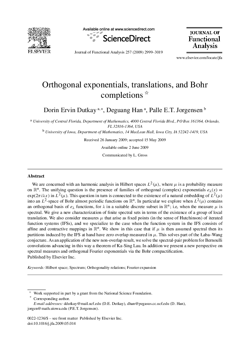 Orthogonal exponentials, translations, and Bohr completions 