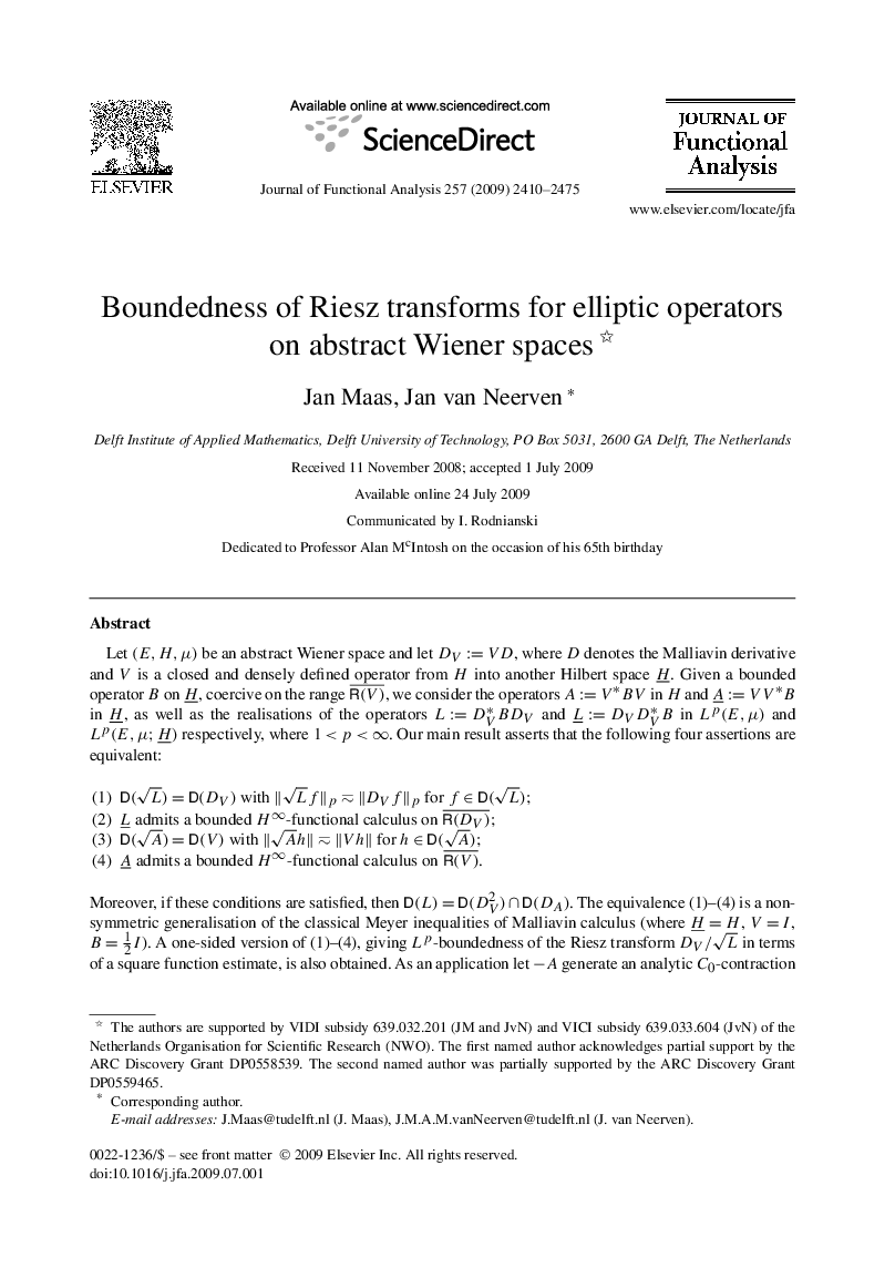 Boundedness of Riesz transforms for elliptic operators on abstract Wiener spaces 