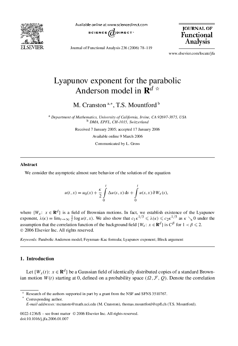 Lyapunov exponent for the parabolic Anderson model in RdRd 