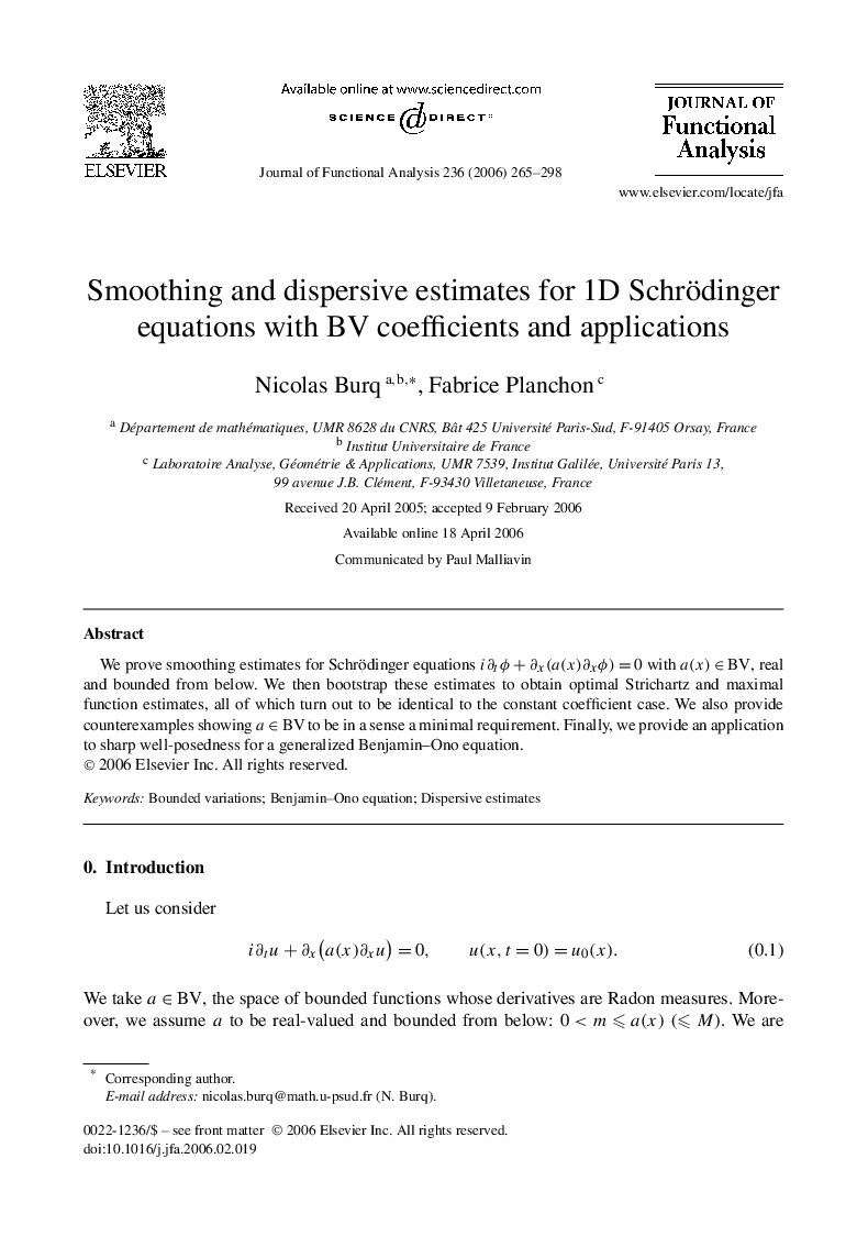 Smoothing and dispersive estimates for 1D Schrödinger equations with BV coefficients and applications