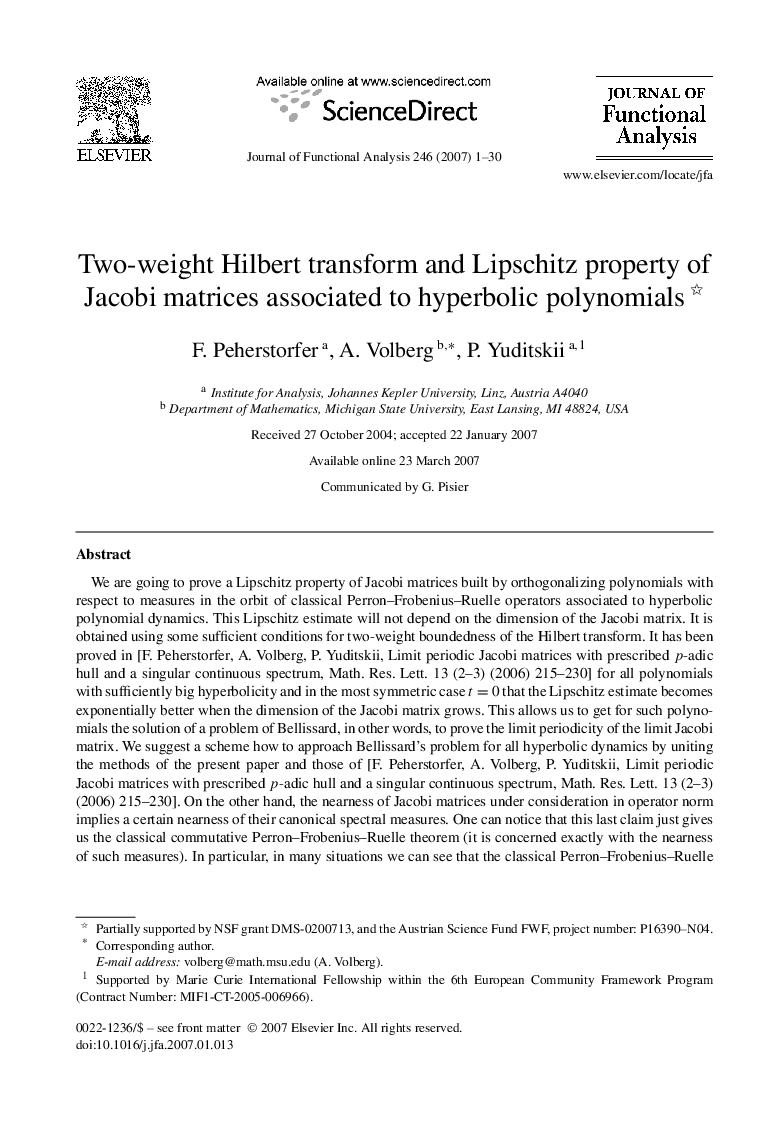 Two-weight Hilbert transform and Lipschitz property of Jacobi matrices associated to hyperbolic polynomials 