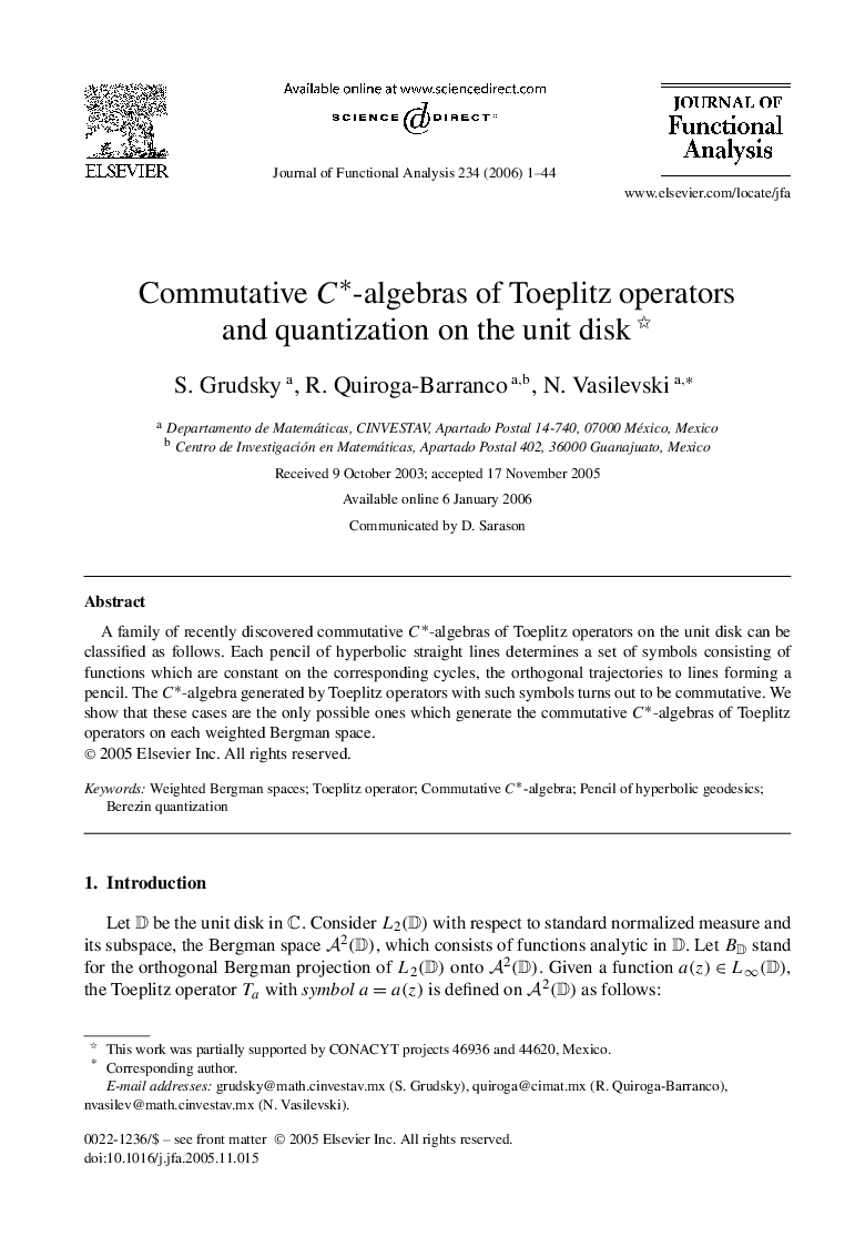 Commutative C∗-algebras of Toeplitz operators and quantization on the unit disk 