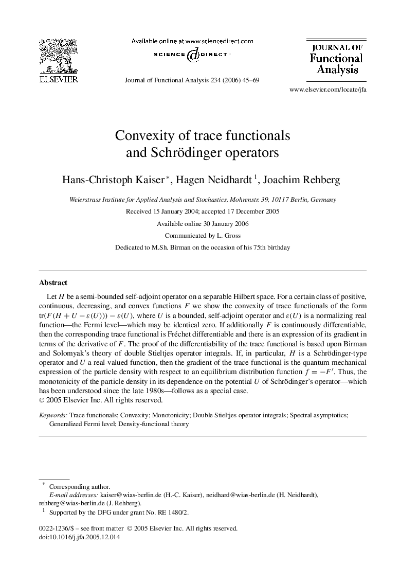 Convexity of trace functionals and Schrödinger operators