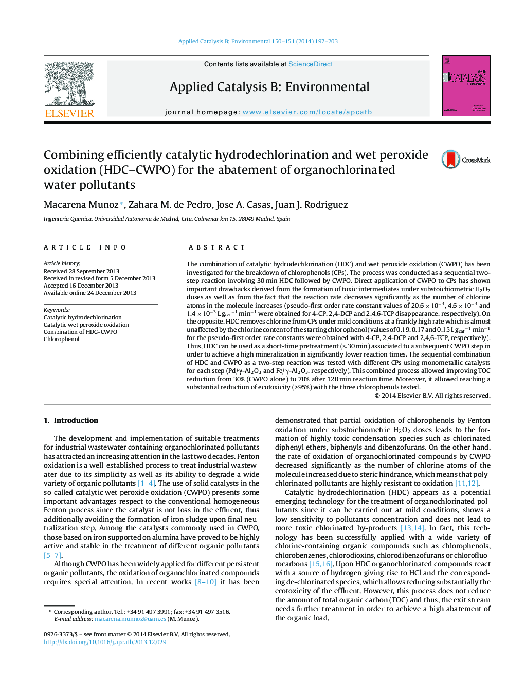 Combining efficiently catalytic hydrodechlorination and wet peroxide oxidation (HDC–CWPO) for the abatement of organochlorinated water pollutants