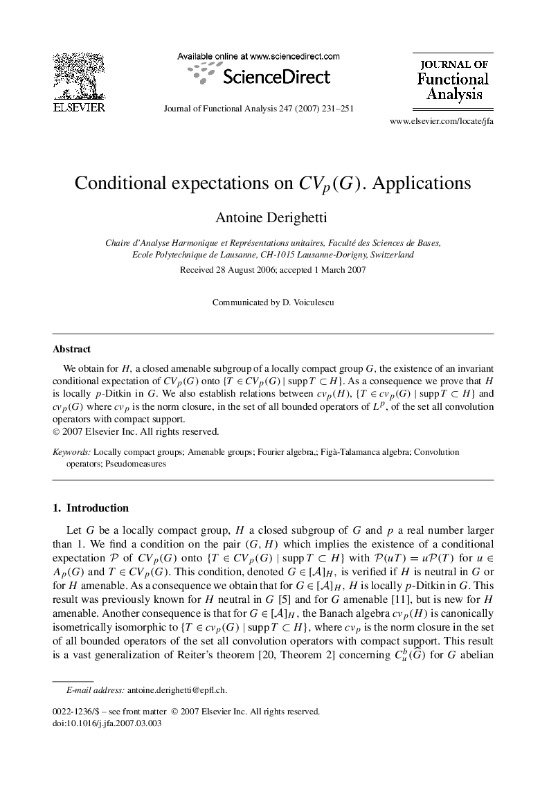 Conditional expectations on CVp(G). Applications