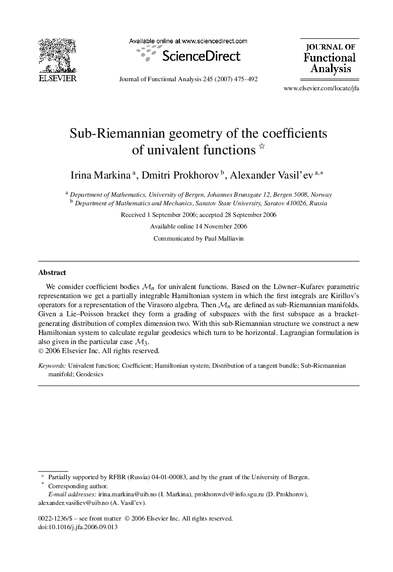 Sub-Riemannian geometry of the coefficients of univalent functions 