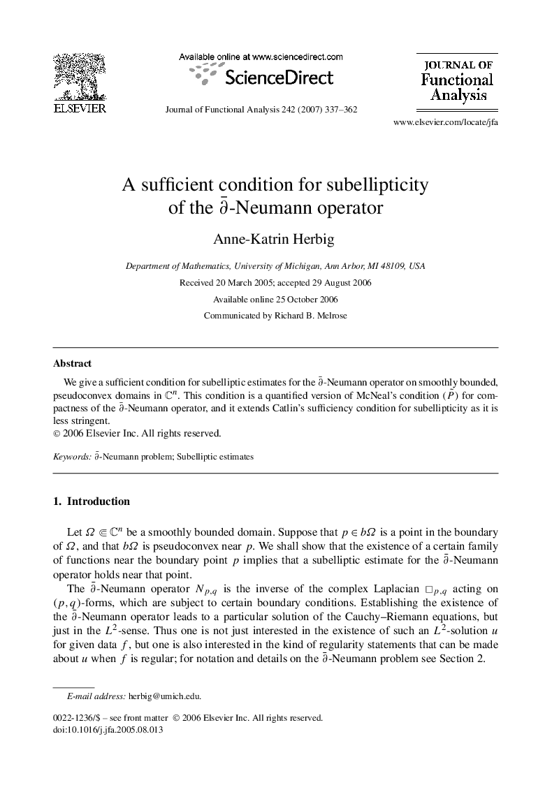 A sufficient condition for subellipticity of the -Neumann operator