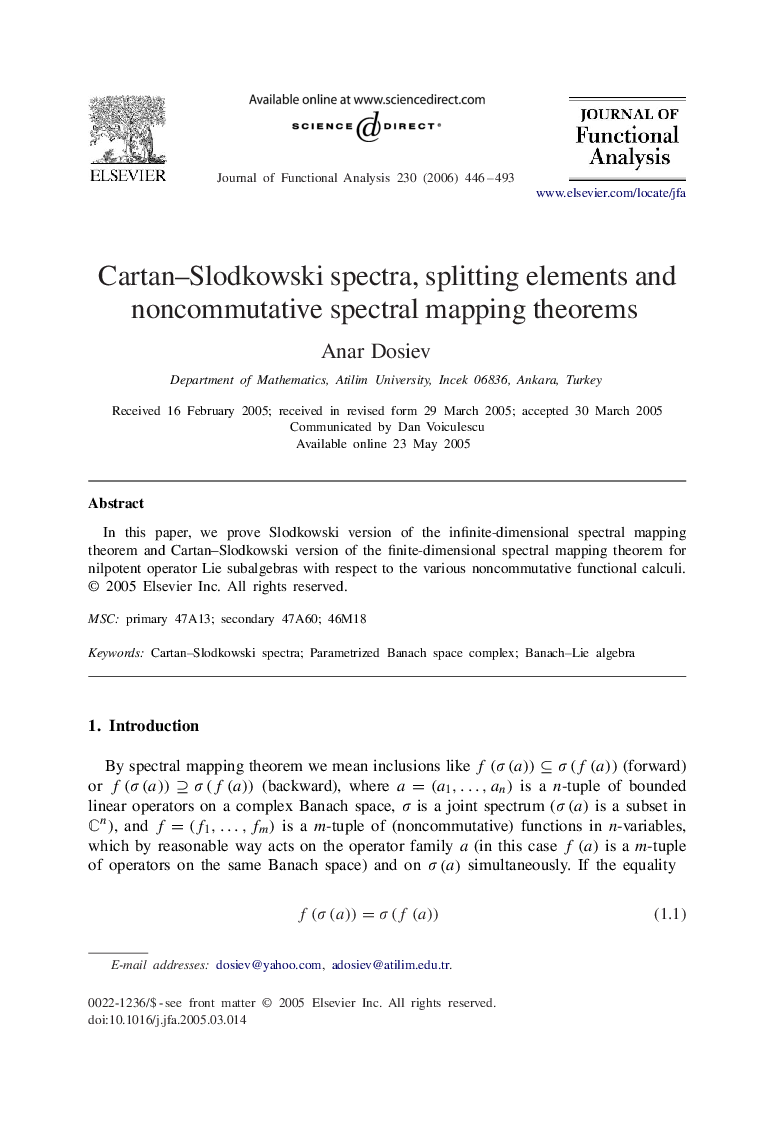 Cartan–Slodkowski spectra, splitting elements and noncommutative spectral mapping theorems